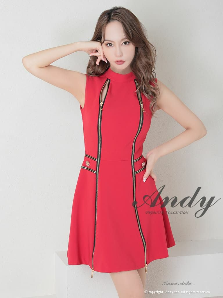 キャバドレス Andy アンディ 高級 ノースリーブ ジップ ゴールドボタン ワンカラー フレア ミニドレス