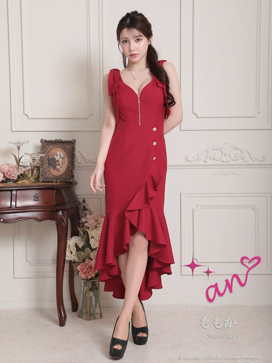 キャバドレス an アン 高級 ノースリーブ ジップ リボン ゴールドボタン フリル マーメイドライン 膝丈 ミディ ロングテールドレス