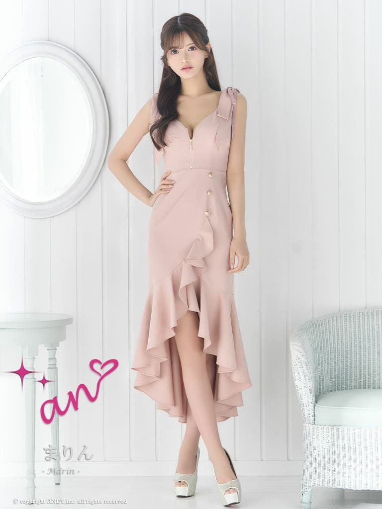 キャバドレス an アン 高級 ノースリーブ ジップ リボン ゴールドボタン フリル マーメイドライン 膝丈 ミディ ロングテールドレス