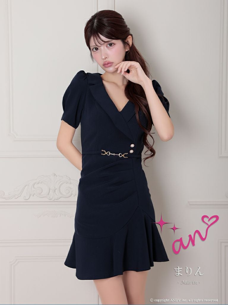 キャバドレス an アン 高級 半袖 ワンカラー 襟デザイン ウエストベルト パールボタン タイトミニドレス