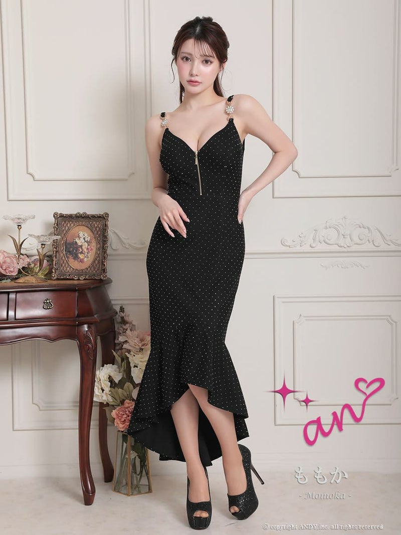 キャバドレス  an アン 高級 ノースリーブ ジップデザイン マーメイドライン ビジュー パールチャーム タイト ロングテール キャバドレス