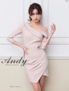 キャバドレス Andy アンディ 高級 ワンショルダー 袖あり 襟デザイン ゴールドボタン ワンカラー タイトミニ キャバドレス