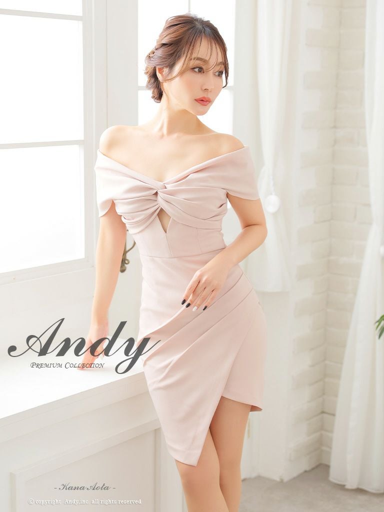 キャバドレス Andy アンディ 高級 オフショルダー 半袖 タック バストカット スリット ワンカラー タイトミニ キャバドレス