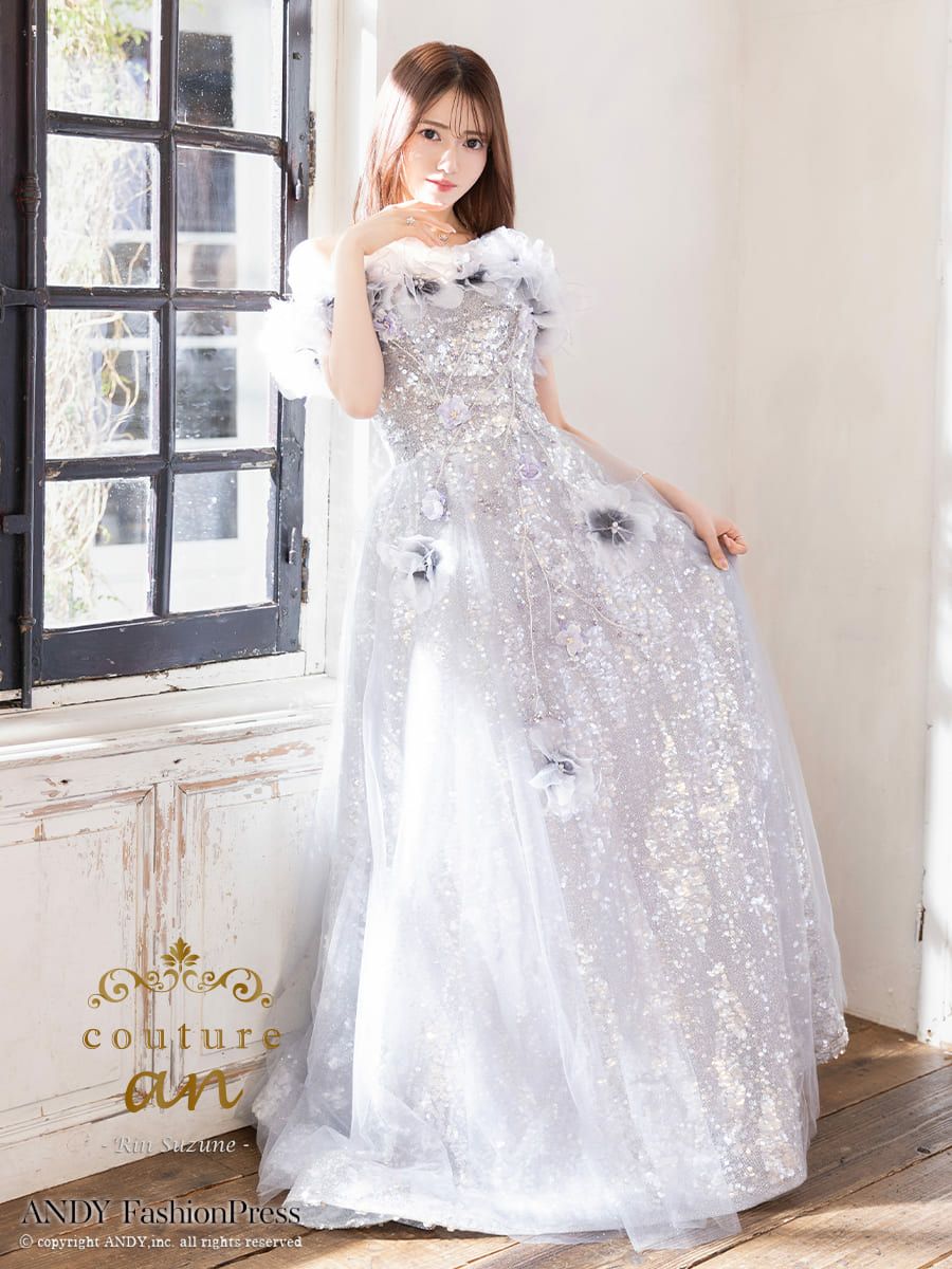 キャバドレス couture an クチュール アン 高級 オフショルダー 半袖 フラワー ビジュー ラメ スパンコール バースデー Aライン キャバドレス