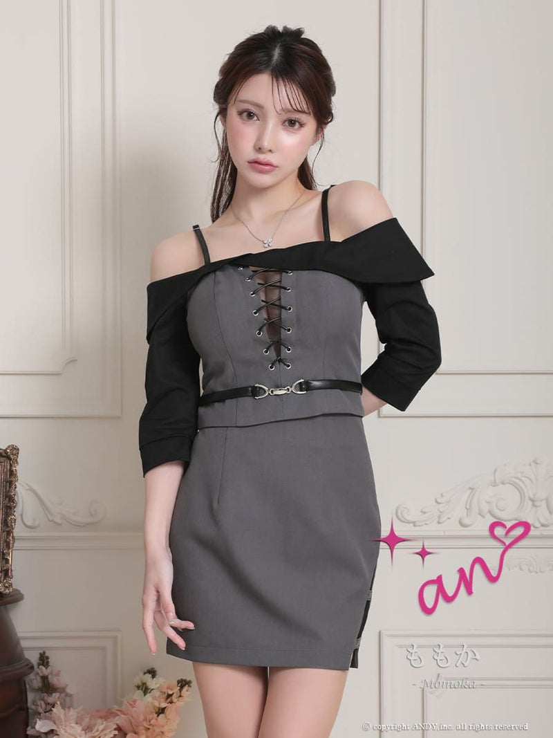キャバドレス an　アン 高級　オフショルダー　セットアップ　七分袖　編み上げ　ウエストベルト　シアー　タイト　ミニドレス