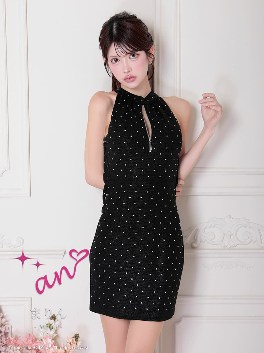 キャバドレス an　アン 高級 ホルターネック ビジュー チェーン ワンカラー ジップ タイトミニドレス