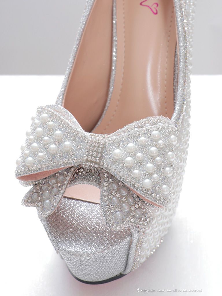  [an/アン] 高級ビッグリボンモチーフラメグリッターオープントゥパールハイヒール