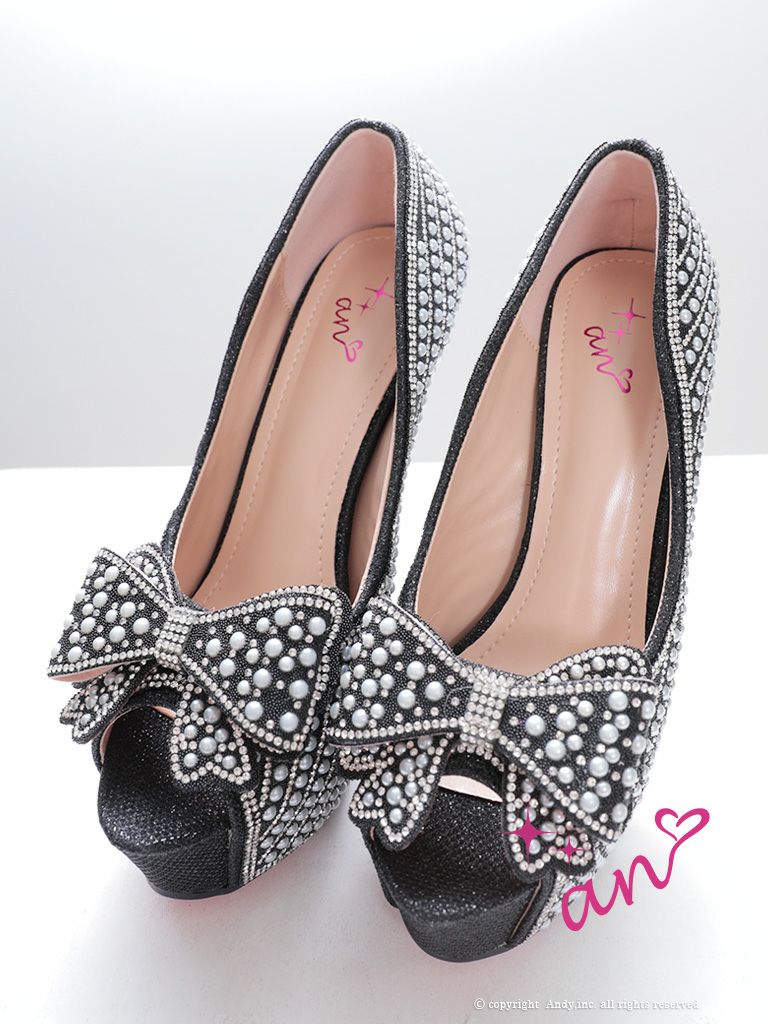 [an/アン] 高級ビッグリボンパールグリッターオープントゥビジューハイヒール