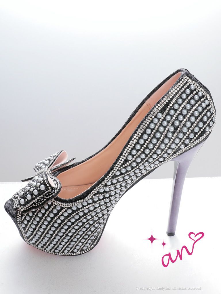 [an/アン] 高級ビッグリボンパールグリッターオープントゥビジューハイヒール