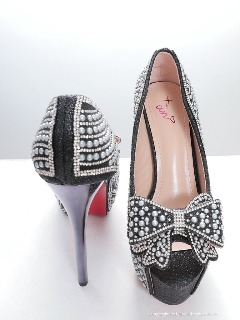 [an/アン] 高級ビッグリボンパールグリッターオープントゥビジューハイヒール