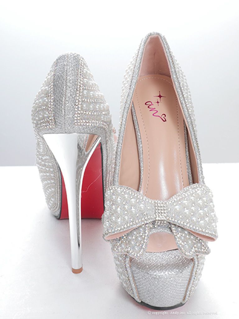 [an/アン] 高級ビッグリボンパールグリッターオープントゥビジューハイヒール