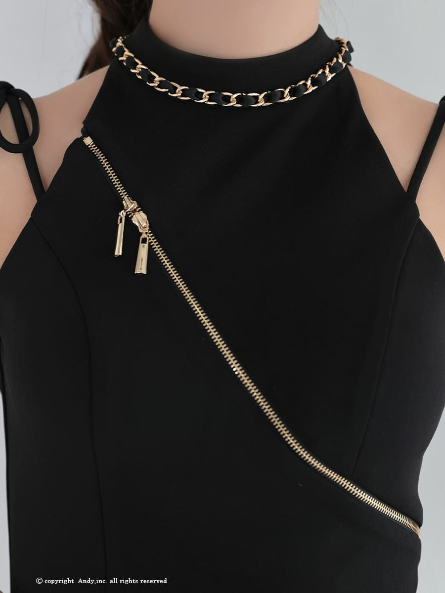  [AndyGLAMOROUS/アンディグラマラス] 高級ノースリーブジップリボンチェーンセットアップタイトミニドレス