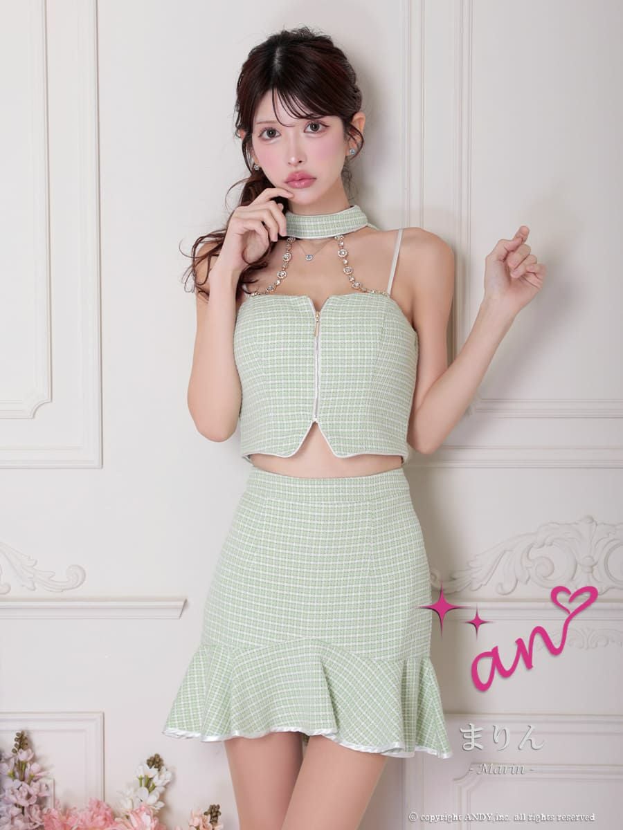 キャバドレス an アン 高級 ホルターネック パールチェーン ジップデザイン フェミニン セットアップ タイト ミニドレス