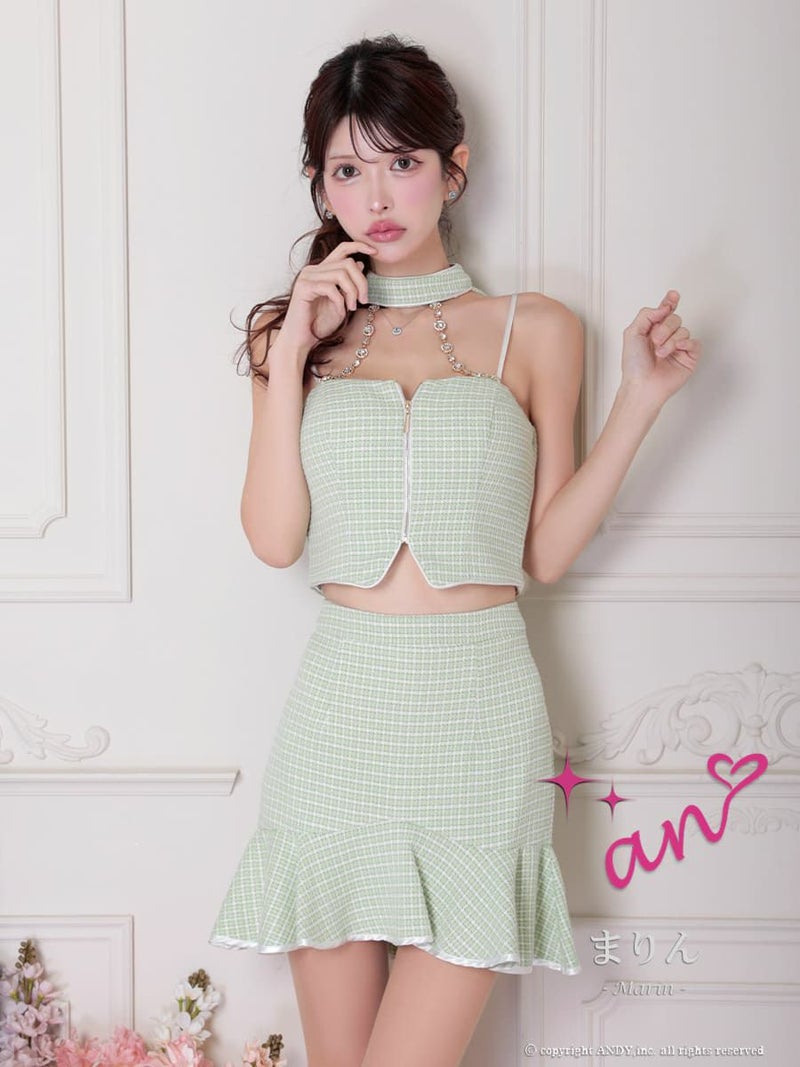 キャバドレス an アン 高級 ホルターネック パールチェーン ジップデザイン フェミニン セットアップ タイト ミニドレス