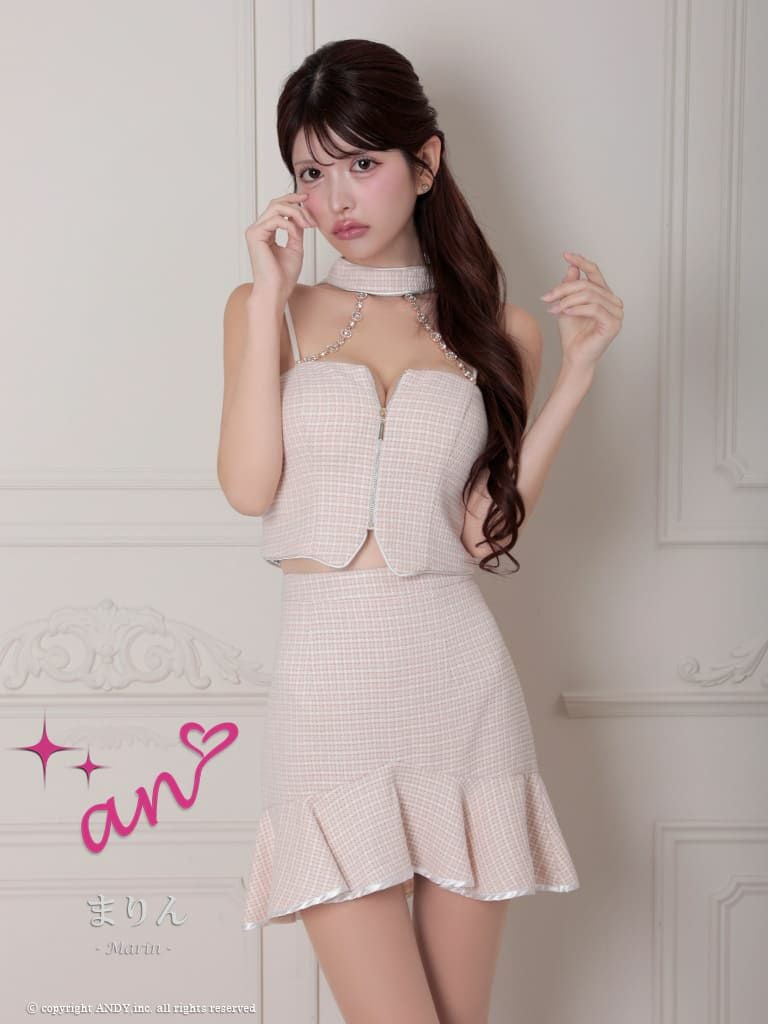 キャバドレス an アン 高級 ホルターネック パールチェーン ジップデザイン フェミニン セットアップ タイト ミニドレス