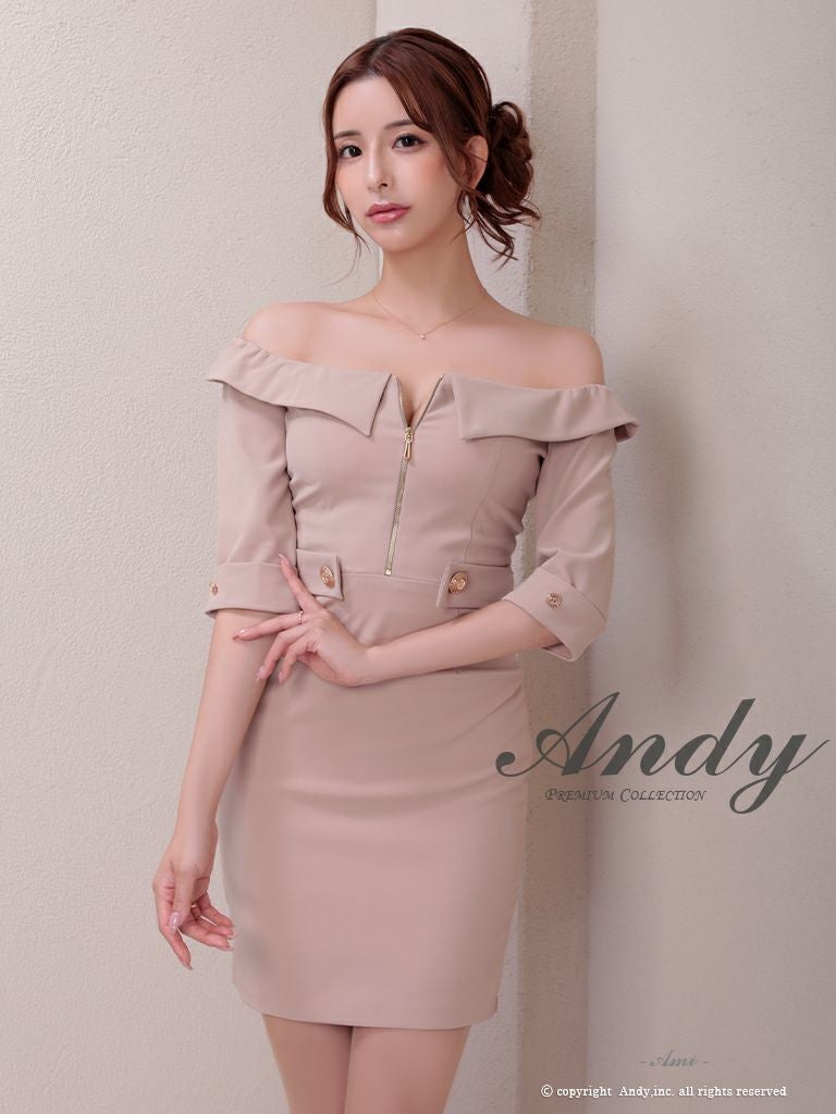キャバドレス Andy アンディ 高級 七分袖 袖あり ワンカラー オフショルダー ジップ タイトミニドレス