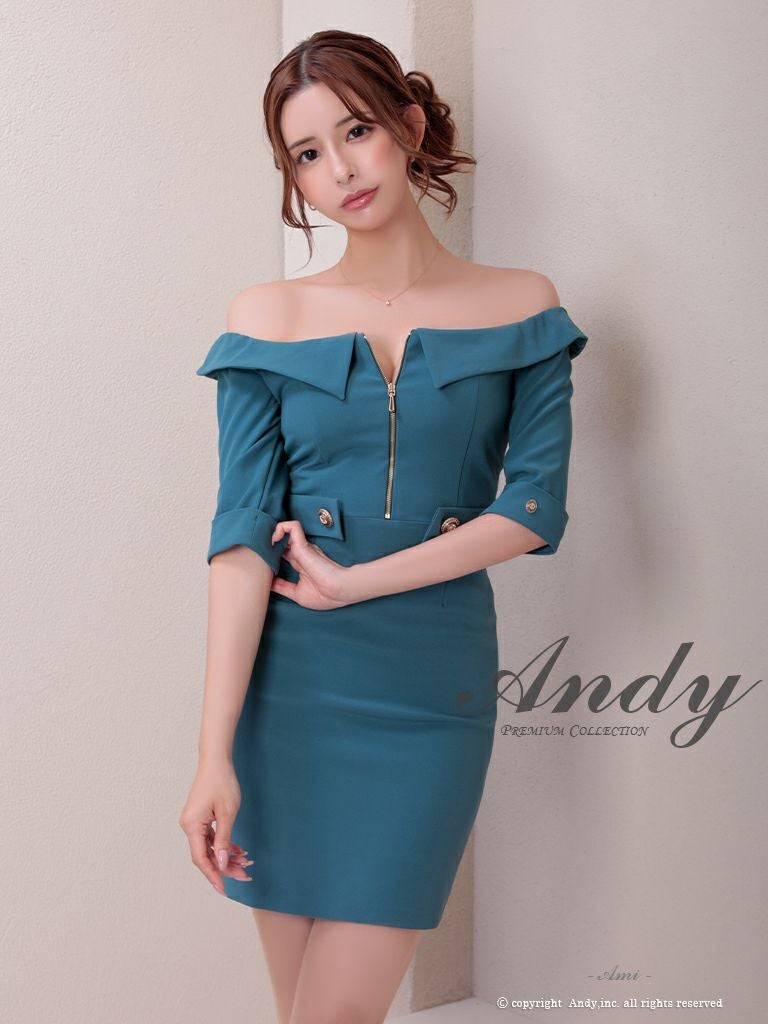 キャバドレス Andy アンディ 高級 七分袖 袖あり ワンカラー オフショルダー ジップ タイトミニドレス