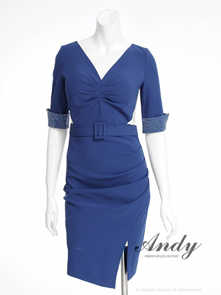  [Andy/アンディ] 高級五部袖ウエストベルトシンプルタイトミニドレス