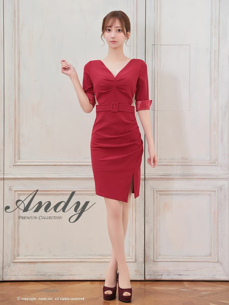 [Andy/アンディ] 高級五部袖ウエストベルトシンプルタイトミニドレス