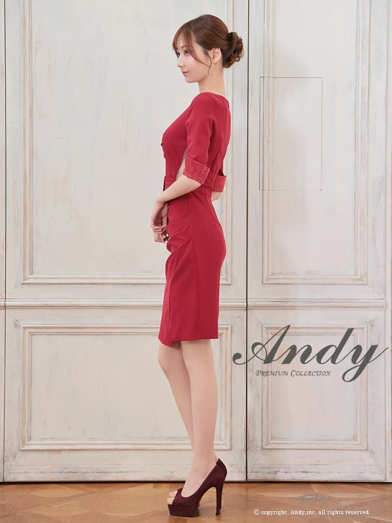  [Andy/アンディ] 高級五部袖ウエストベルトシンプルタイトミニドレス
