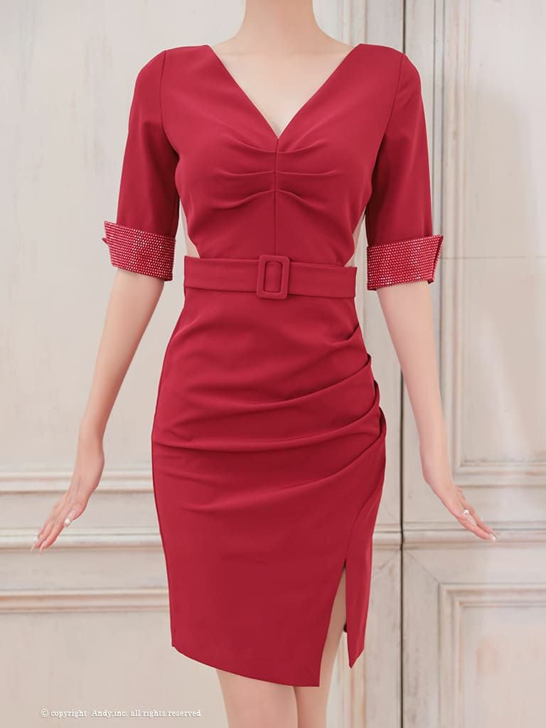  [Andy/アンディ] 高級五部袖ウエストベルトシンプルタイトミニドレス