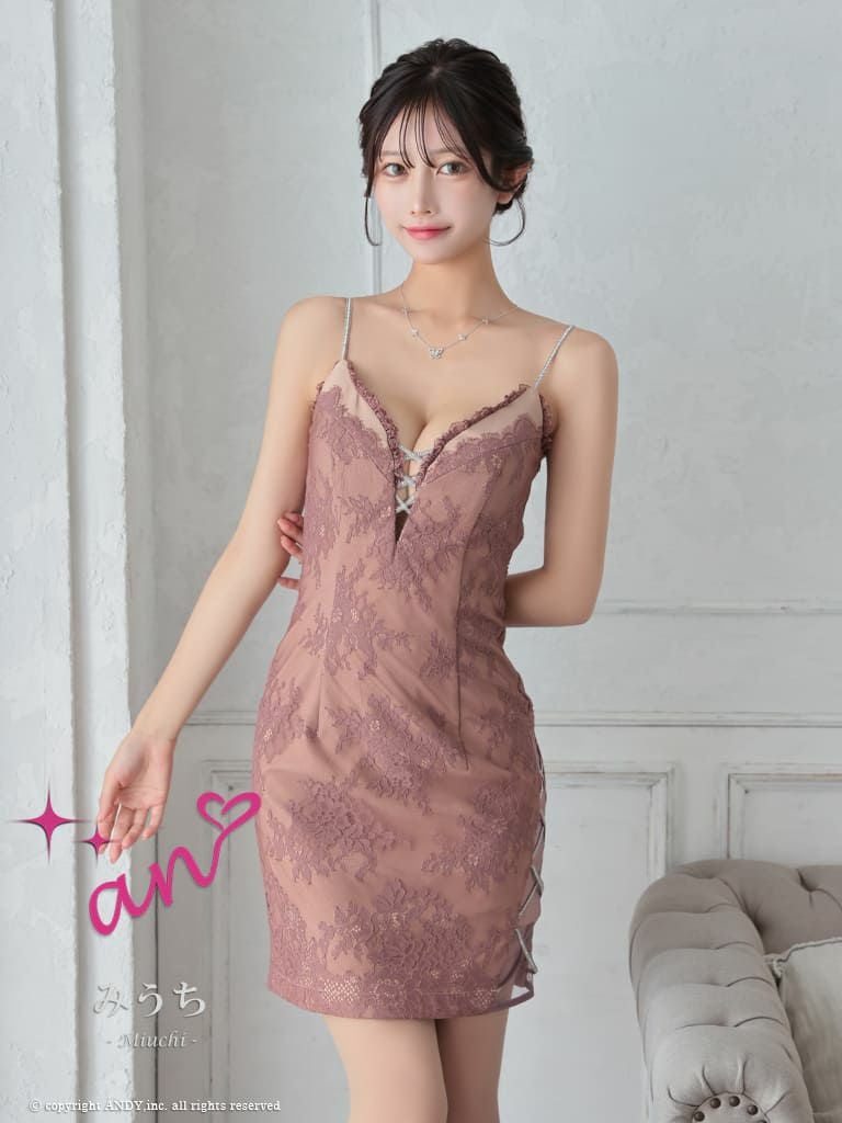 [an/アン] 高級キャミソールバストカット袖リボン刺繍レースタイトミニドレス