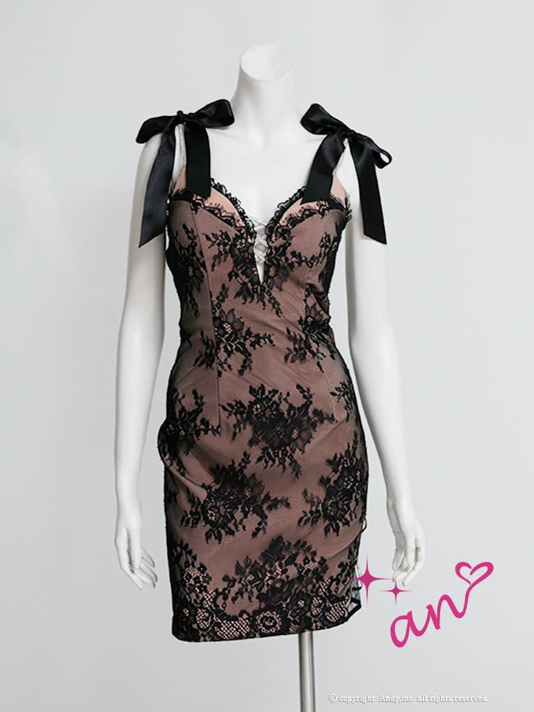 [an/アン] 高級キャミソールバストカット袖リボン刺繍レースタイトミニドレス