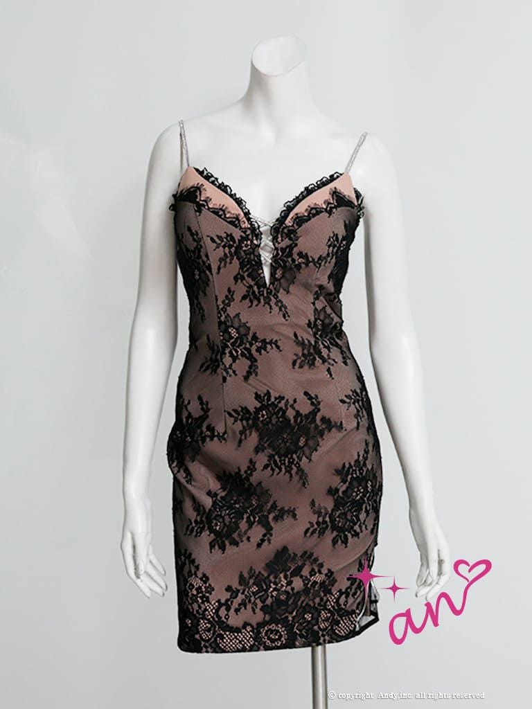 [an/アン] 高級キャミソールバストカット袖リボン刺繍レースタイトミニドレス