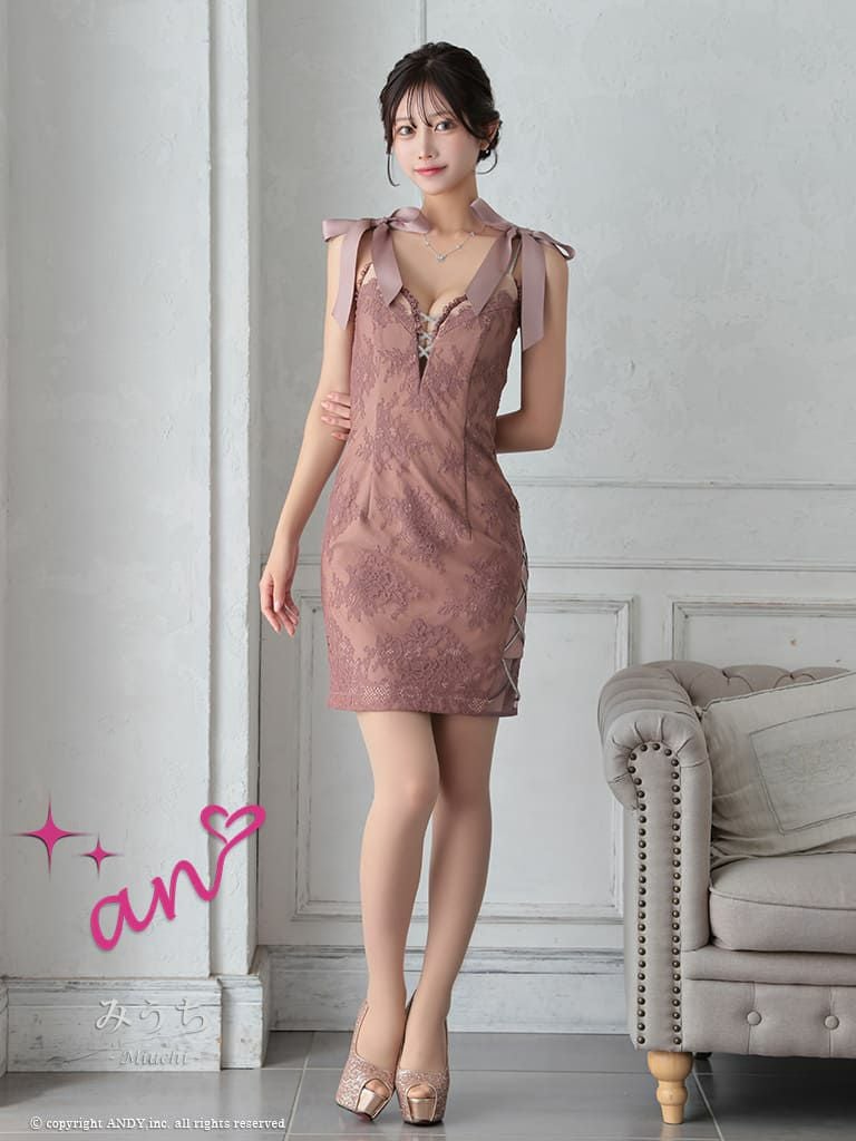 [an/アン] 高級キャミソールバストカット袖リボン刺繍レースタイトミニドレス