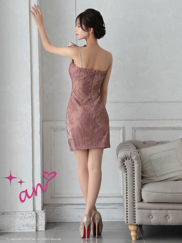 [an/アン] 高級キャミソールバストカット袖リボン刺繍レースタイトミニドレス