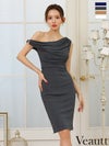 キャバドレス Veautt ヴュート 高級リングドレープワンショルダーサイドジップワンカラータイト膝丈ドレス