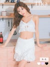 水着 エンブロイダリー レース カットアウト リボン ビスチェ 体型カバー フリル ラップスカート 韓国風 ガーリー タンキニ (ホワイト/MIYABI着用)