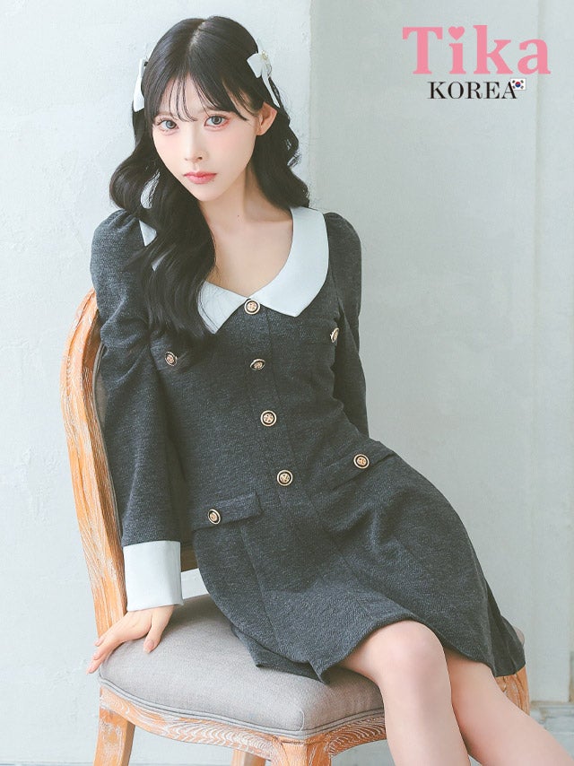 メイン画像 キャバドレス 韓国 ワンピース 襟付き ボタン バイカラー 長袖 胸元カバー Aライン ミニドレス (緩苺着用) [tk-mdk3037]