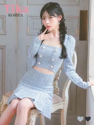  韓国ドレス ミニドレス ウエストカット ツイード 長袖 スクエアネック パール ダブルボタン 袖あり 裾プリーツ Aライン キャバドレス (緩苺着用) [tk-mdk3052-63]