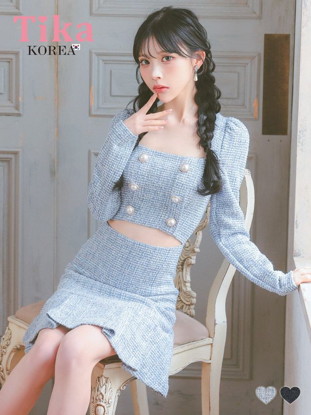 メイン画像 キャバドレス 韓国 ミニドレス ウエストカット ツイード 長袖 スクエアネック パール ダブルボタン 袖あり 裾プリーツ Aライン キャバドレス (緩苺着用) [tk-mdk3052-63]