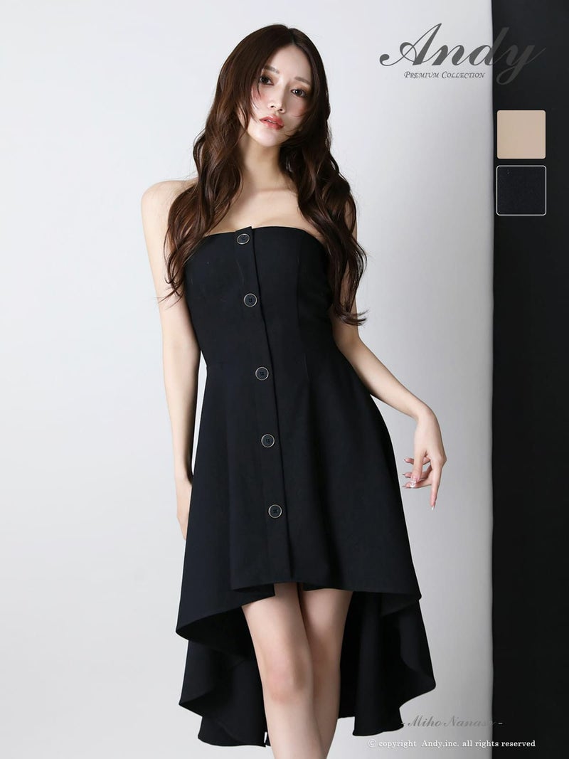  キャバドレス Andy アンディ ノースリーブ 膝丈ドレス ワンカラー ロングテール ベアトップ プリーツ