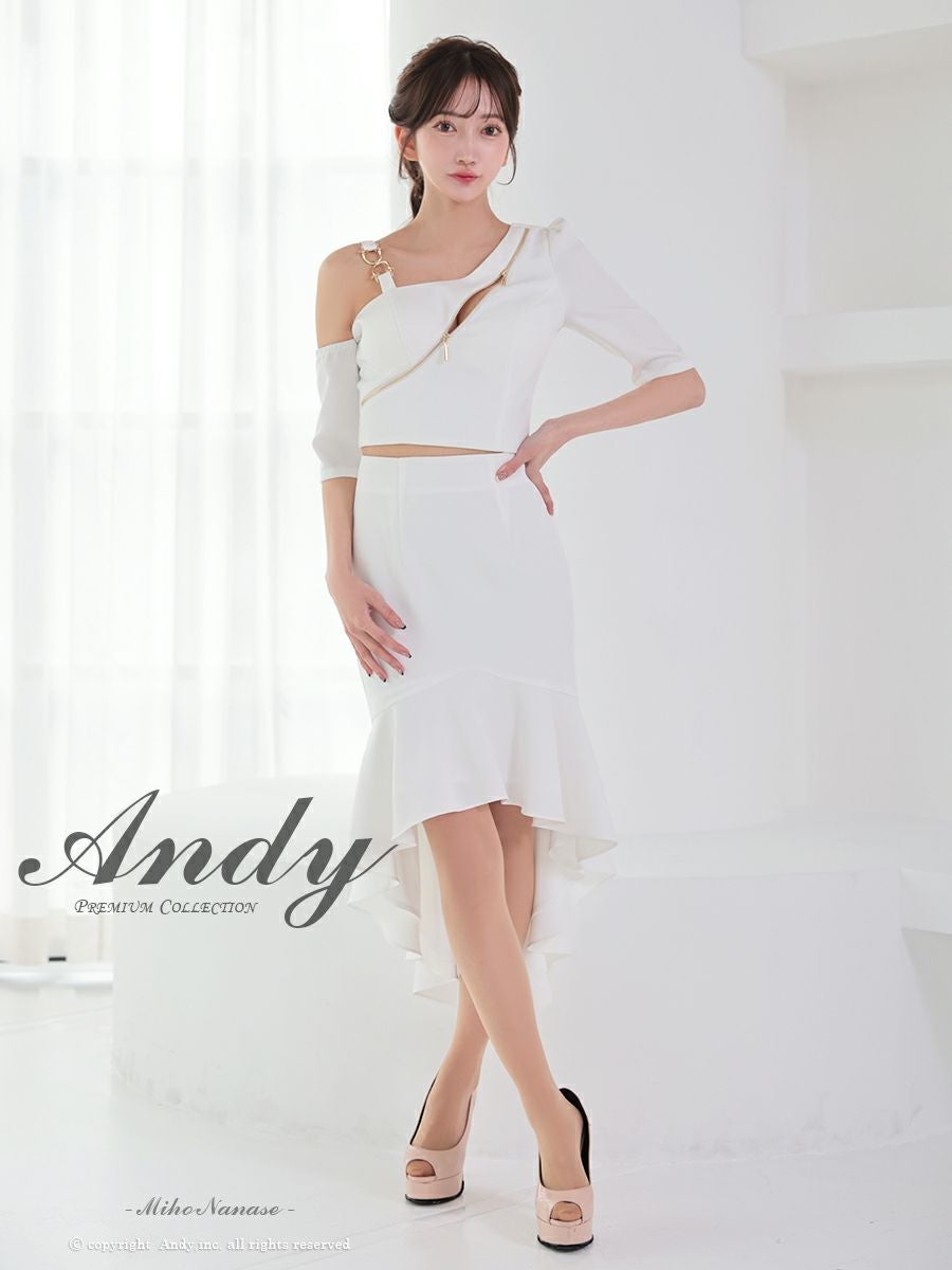 キャバドレス Andy アンディ ワンショルダー ロングテール ジップデザイン ワンカラー マーメイド セットアップ タイトミディ キャバドレス