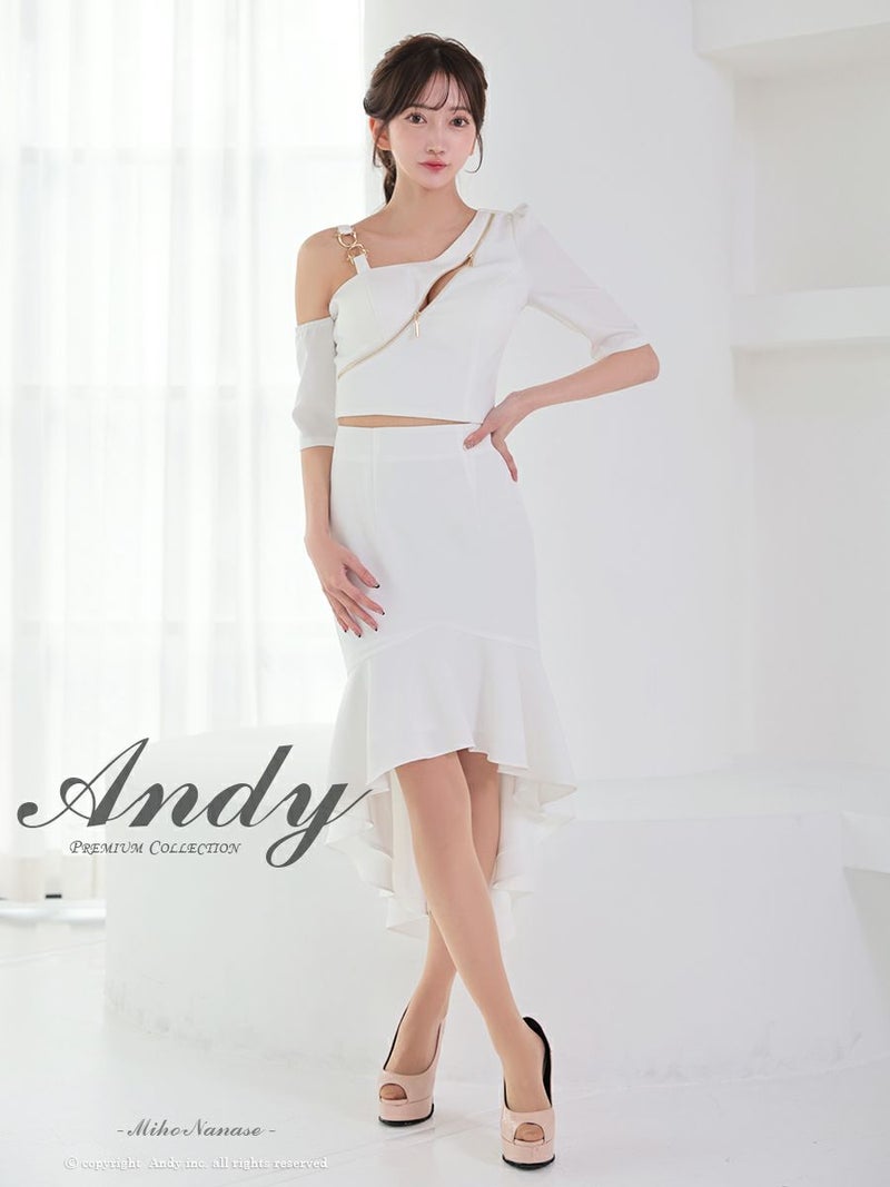 キャバドレス Andy アンディ ワンショルダー ロングテール ジップデザイン ワンカラー マーメイド セットアップ タイトミディ キャバドレス
