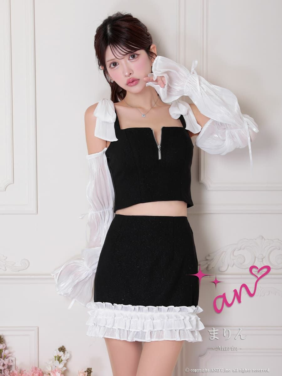 キャバドレス an アン ノースリーブ ジップデザイン 袖あり 2way リボン フリル セットアップ タイトミニドレス