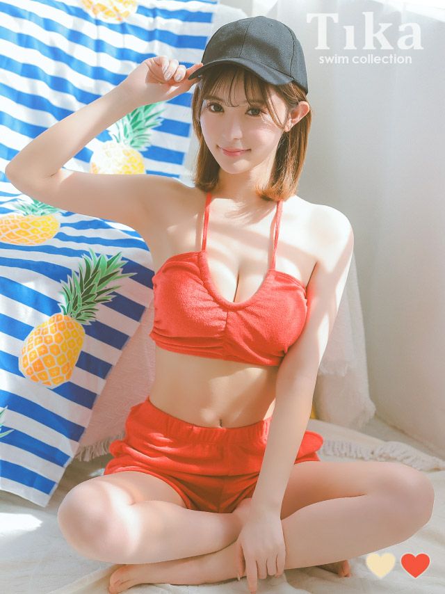 水着 タンキニ バンドゥ ホルターネック 体型カバー パイル ハイウエスト ショートパンツ 韓国