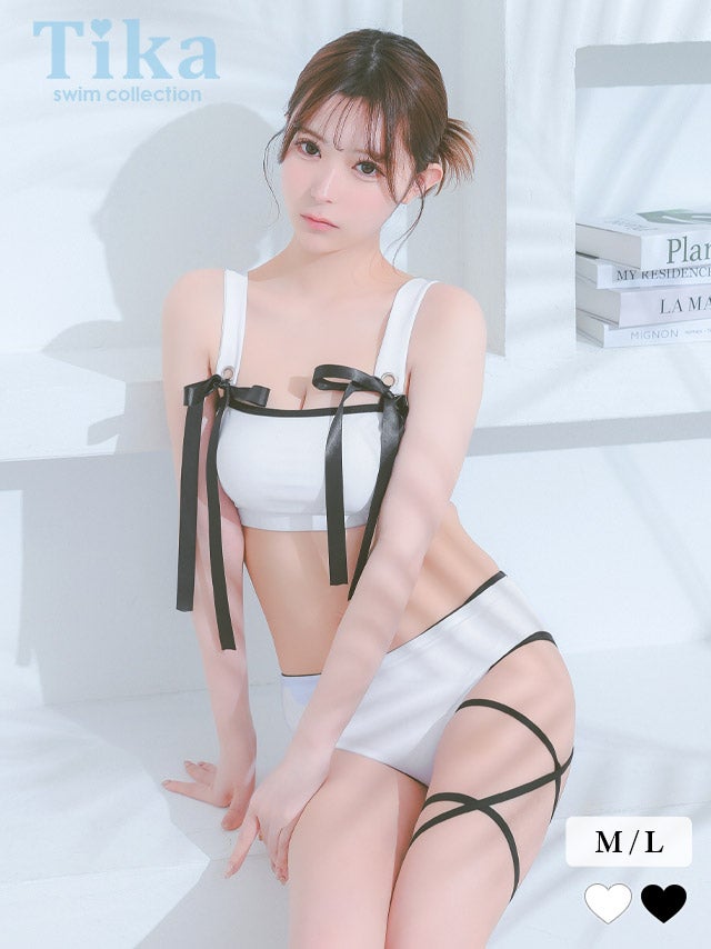 水着 ビキニ クロスストラップ サテンリボンパイピング ビスチェ ギャル 白 黒 ホワイト ブラック