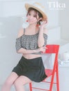 水着 タンキニ ショルダーカット チェック フリル ビスチェ 体型カバー スカート 韓国風 ガーリー