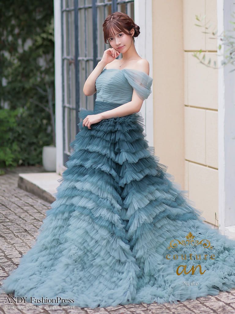 キャバドレス couturean クチュール アン オフショルダー チュール フリル バースデー フレア ロング キャバドレス