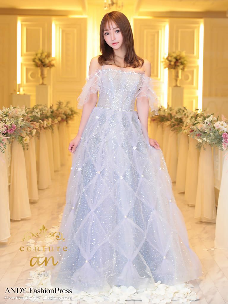 キャバドレス couturean クチュール アン オフショルダー ビジュー チュール フリル バースデー Aライン ロング キャバドレス