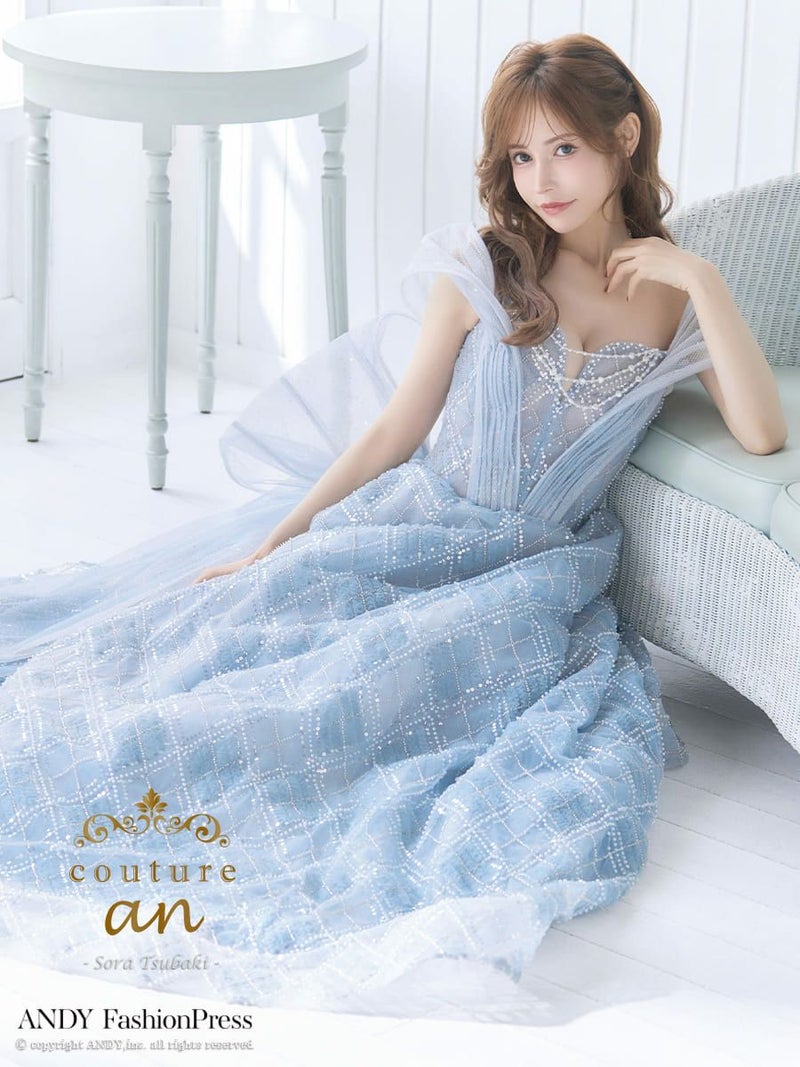 キャバドレス couturean クチュール アン オフショルダー ビジュー チェック ビジューチェーン シアー バストカット バースデー Aライン ロング キャバドレス