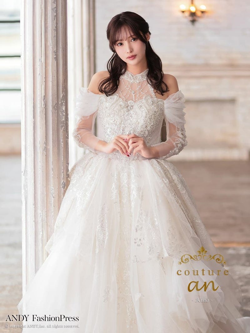 キャバドレス couturean クチュール アン 肩あき 袖あり ビジュー 刺繍 レース シアー ボリューム フリル バースデー フレア ロング キャバドレス