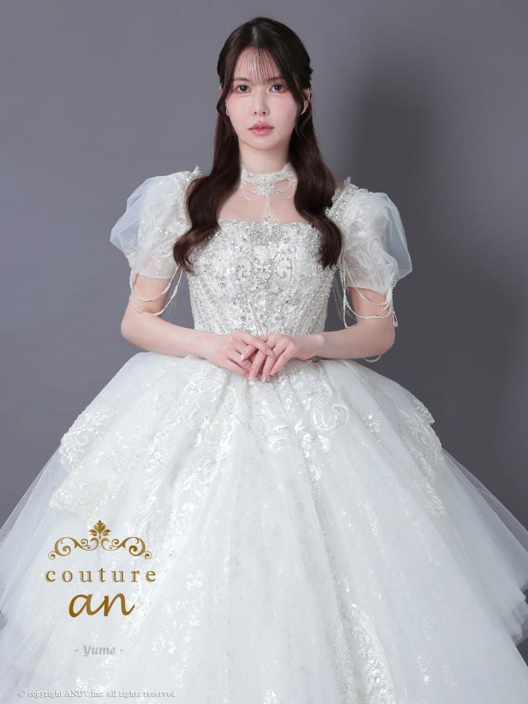 キャバドレス couturean クチュール アン 半袖 ビジュー 刺繍 レース パフスリーブ シアー ボリューム フリル チョーカー バースデー フレア ロング キャバドレス