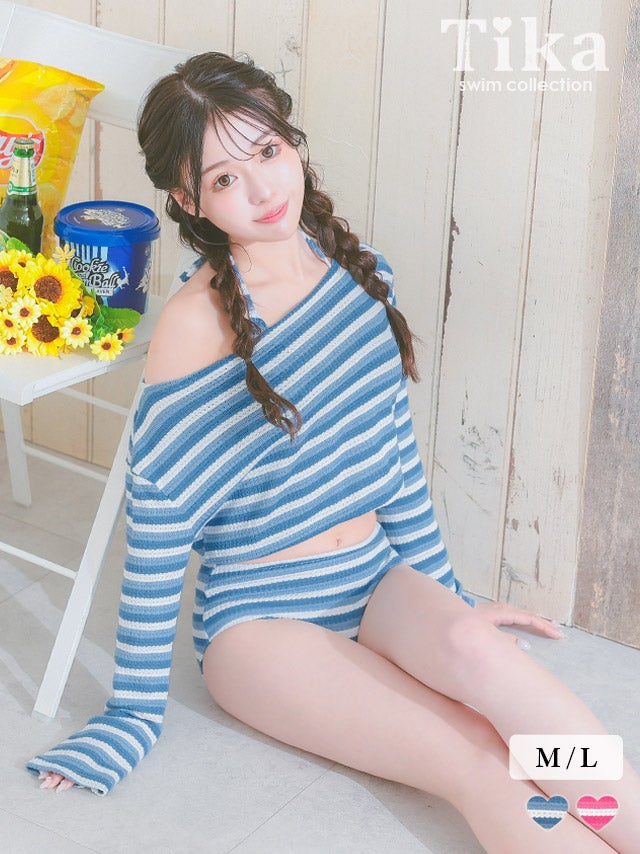 水着 タンキニ ビキニ 2Way ホルターネック ショート丈 オフショル ロングスリーブ トップス 体型カバー ボーダー 韓国