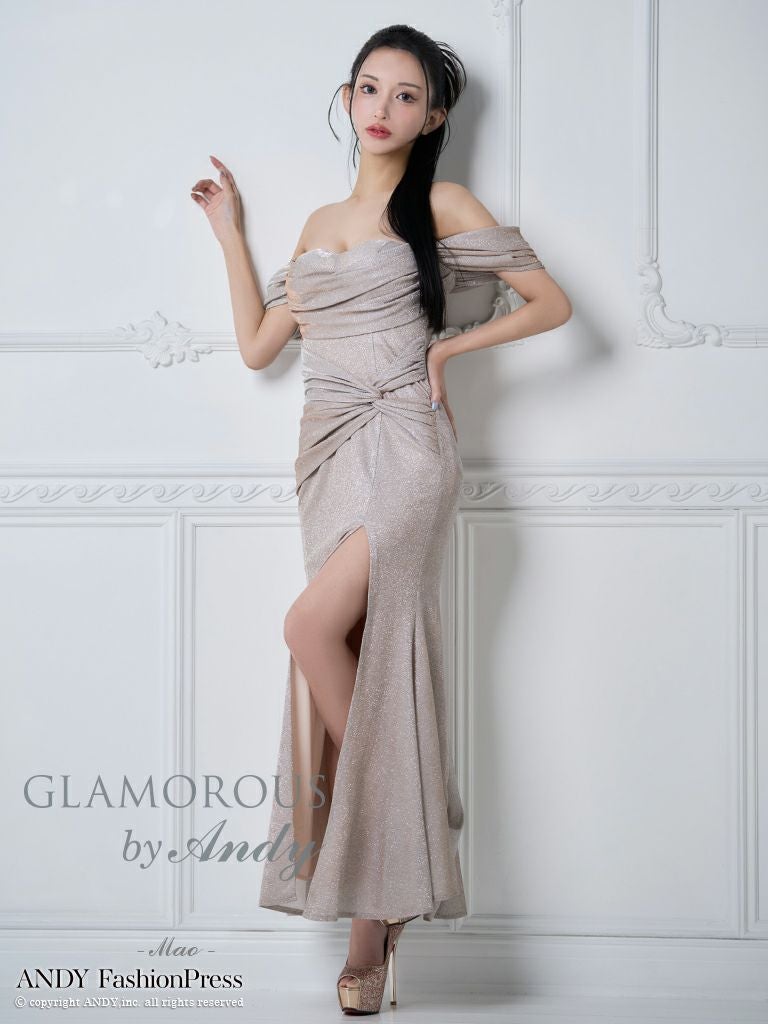 キャバドレス AndyGLAMOROUS アンディグラマラス　オフショルダー タック シンプル ラメ スリット Aライン ロングドレス