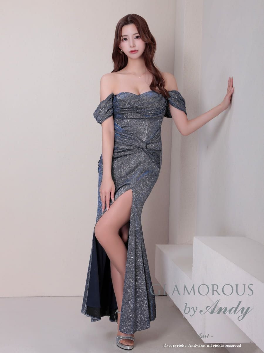 キャバドレス AndyGLAMOROUS アンディグラマラス　オフショルダー タック シンプル ラメ スリット Aライン ロングドレス